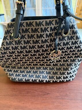 Michael Kors Black and Beige MK Logo Shoulder Bag